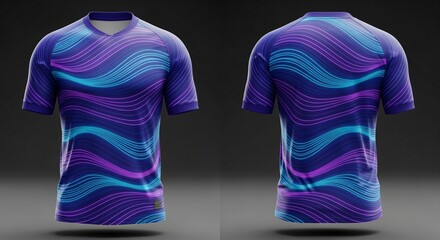 Stylish purple and blue wave-patterned sports jersey, front and back views.