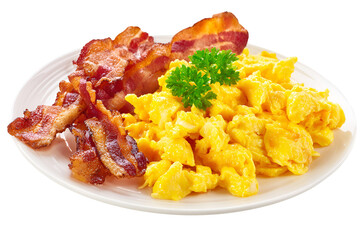 Delicious plate of scrambled eggs and crispy bacon isolated on transparent background