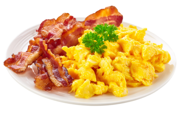 Delicious plate of scrambled eggs and crispy bacon isolated on transparent background
