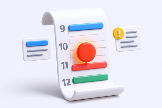 3D calendar with a highlighted event and notification, showcasing a modern planning tool for daily activities.