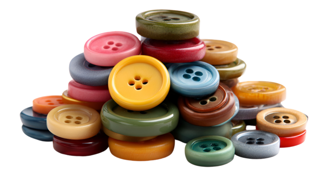 Pile of colorful sewing buttons isolated on transparent background