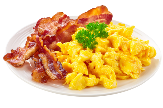 Delicious plate of scrambled eggs and crispy bacon isolated on transparent background