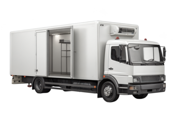 White refrigerated delivery truck with open door, showing storage compartments