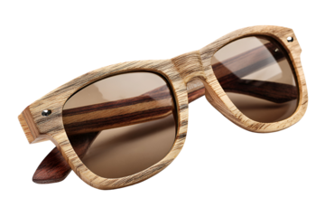 Stylish wooden framed sunglasses with brown lenses isolated on transparent background