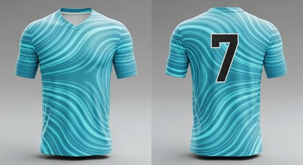 Front and back view of a teal soccer jersey with wavy pattern and the number seven.