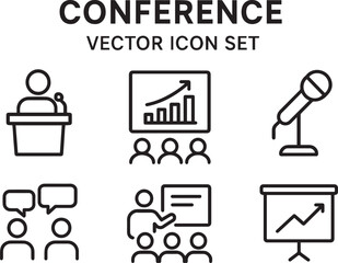Conference Vector Icon Set | Adjustable Line Weight | Speaker, podium, audience, chart, presentation, mic, discussion, seminar, networking, success, projector, meeting, talk, panel icons