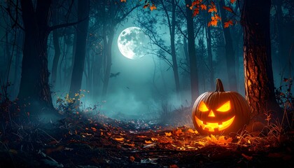 Naklejka premium Glowing jack-o'-lantern in a mystical autumnal forest.