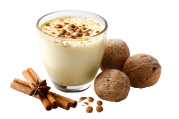 Glass of creamy eggnog with cinnamon sticks and nutmeg isolated on transparent background