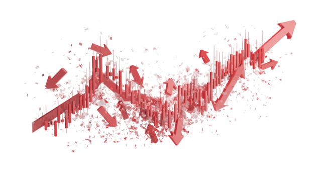 Red arrows with upward and downward trends against black background