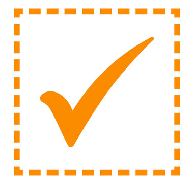 Orange tick icon inside dashed outline square, PNG with transparent background, clean minimal design for approval, task completion, and selection