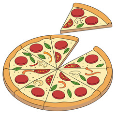 Illustration of a pizza with pepperoni and vegetables