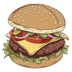 A delicious hamburger with cheese, lettuce, tomato, and pickles isolated on white