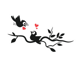 Birds on Branch Vector, Wall Decals, Birds Couple in Love, Birds Silhouette on branch and Hearts Illustrations isolated on white background .Art Decoration, Wall Decor