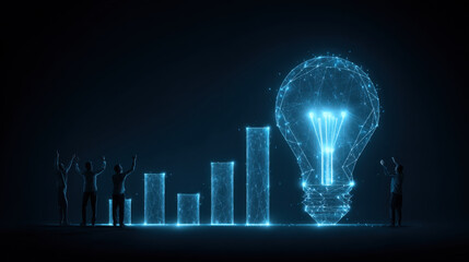 Innovative light bulb concept with glowing digital elements, representing growth and creativity. People celebrate success with raised hands, symbolizing teamwork and achievement