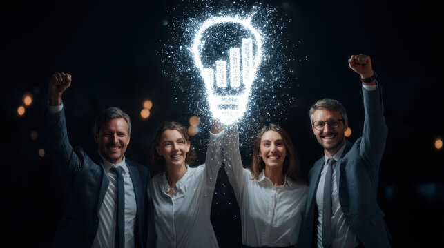 Innovative team celebrating success with glowing light bulb symbolizing ideas and growth. Their expressions reflect joy and determination in professional setting