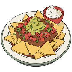 Illustration of a plate of delicious nachos with guacamole