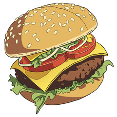 Illustration of a hamburger with cheese, lettuce, tomato, and sesame seed bun