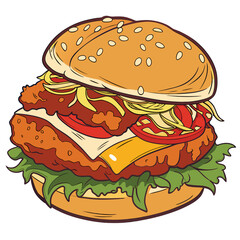 Delicious chicken burger with fresh vegetables and cheese illustration
