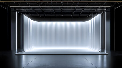 Modern studio with white seamless cyclorama wall and curved design, illuminated by soft lighting, creating futuristic and open atmosphere