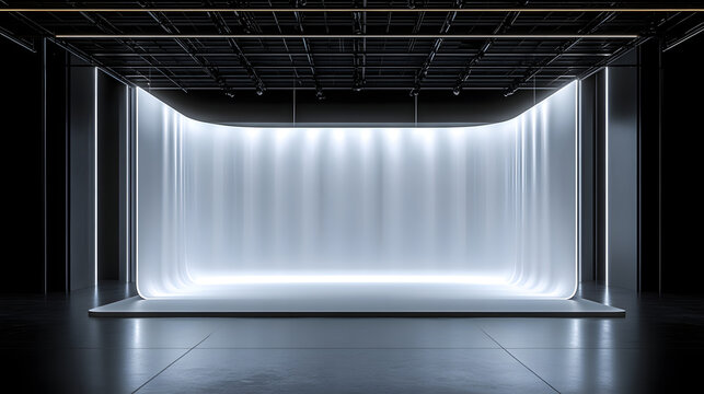 Modern studio with white seamless cyclorama wall and curved design, illuminated by soft lighting, creating futuristic and open atmosphere