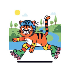 Cat wearing roller skates and protective gear outdoors.