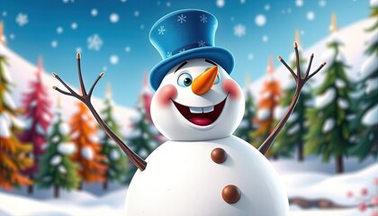 Adorable smiling snowman outdoors on winter day.