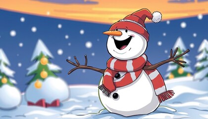 Adorable smiling snowman outdoors on winter day.