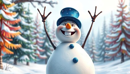 Adorable smiling snowman outdoors on winter day.