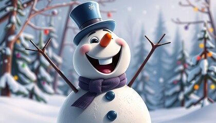 Adorable smiling snowman outdoors on winter day.