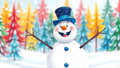 Adorable smiling snowman outdoors on winter day.