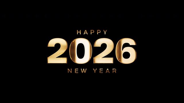 2026 Happy New Year golden text shine flickering light effect animation on black background. Happy New Year text with looping flickering gold glowing light texture.  Element for Isolated alpha channel