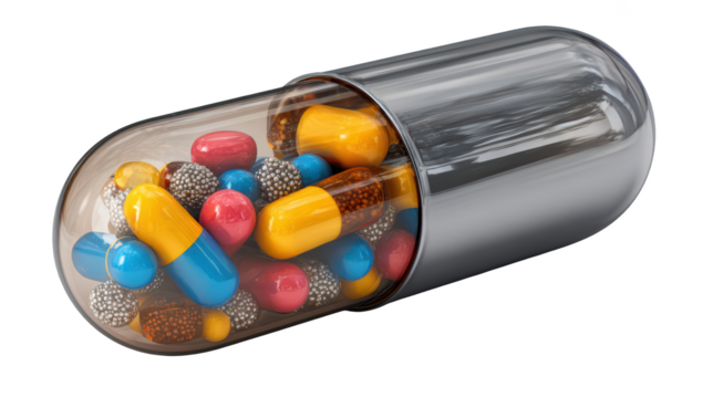 Close-up of a capsule revealing colorful pills and granules, isolated on black