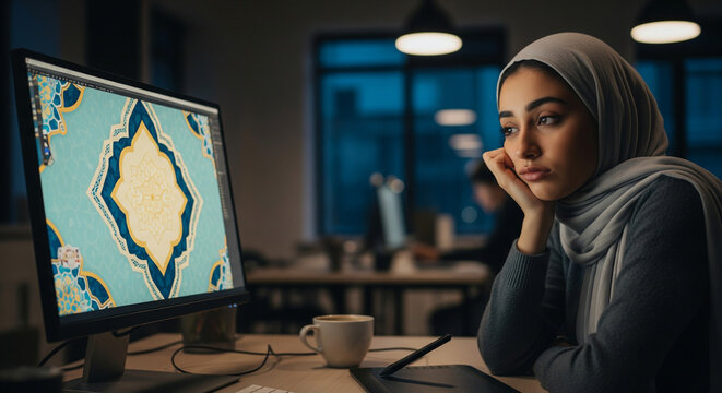 Woman in hijab looking at a computer screen with a design - Powered by Adobe