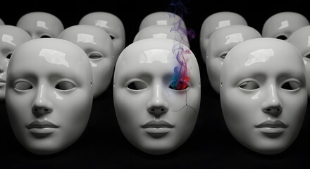 A single cracked mask reveals a wisp of colored smoke, a powerful metaphor for a flawed facade, a hidden emotion, and a glimpse of the true self.