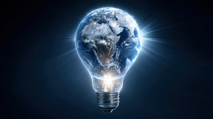 Glowing light bulb encasing detailed image of Earth symbolizes innovation and sustainability. This captivating visual represents fusion of technology and nature, inspiring thoughts of brighter