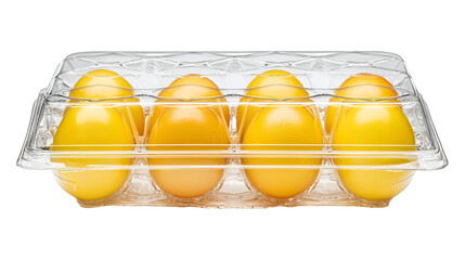 Four yellow tomatoes in a clear plastic egg carton isolated on transparent background