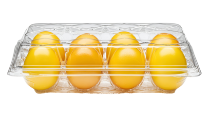 Four yellow tomatoes in a clear plastic egg carton isolated on transparent background