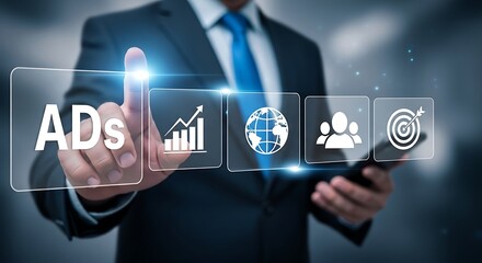 Businessman touching digital interface with marketing icons