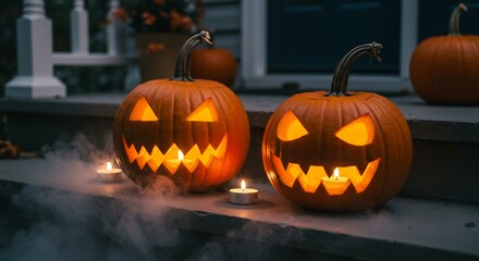 Obraz premium Two carved pumpkins with lit candles sit on a porch smoke swirling around them A door and railing are in the background