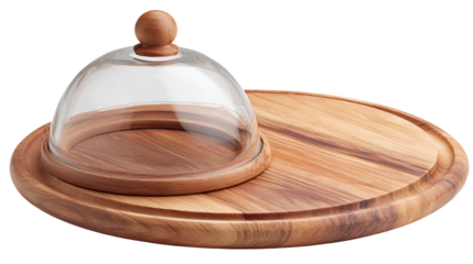 Wooden cheese board with glass dome cover isolated on transparent background
