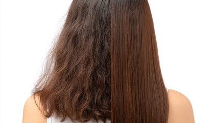 a side by side comparison showing half frizzy and half straightened brown hair on a woman&rsquo;s back