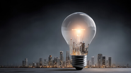 Glowing light bulb stands prominently against dark city skyline, symbolizing innovation and creativity. bulb illuminates surrounding area, reflecting vibrant energy of urban life