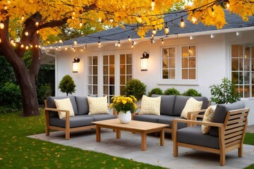 Cozy backyard patio with string lights illuminating autumn scene