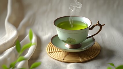 Fototapeta premium Steaming Green Tea in Ceramic Cup Still Life