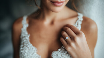 a close up portrait of a woman wearing a sparkling engagement ring and a delicate necklace in soft natural light