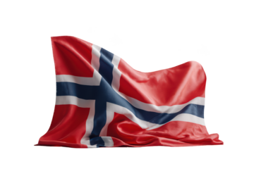 Norwegian flag draped over a surface, with fabric waves and shadow against black