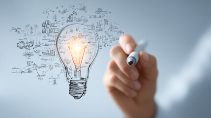Light bulb symbolizing creativity and innovation, with sketches of ideas and concepts surrounding it, representing inspiration and brainstorming in modern workspace