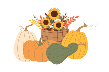 Pumpkins and autumn basket of sunflowers on an isolated background. Vector illustration for fall harvest, Thanksgiving invitation, seasonal postcard design