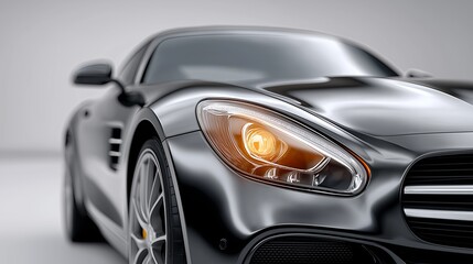 Luxury black sports car close-up showcasing sleek design and powerful presence
