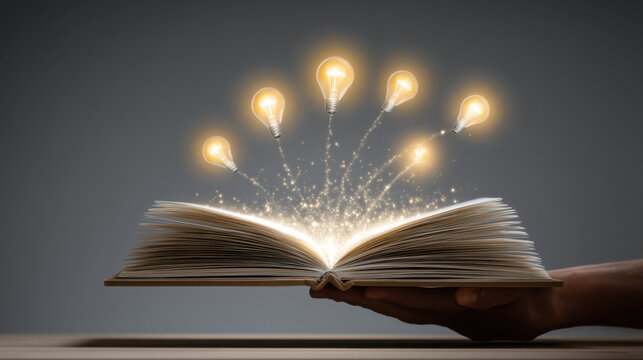 Open book emits glowing light bulbs and sparkling particles, symbolizing creativity and inspiration. This captivating image represents power of knowledge and imagination